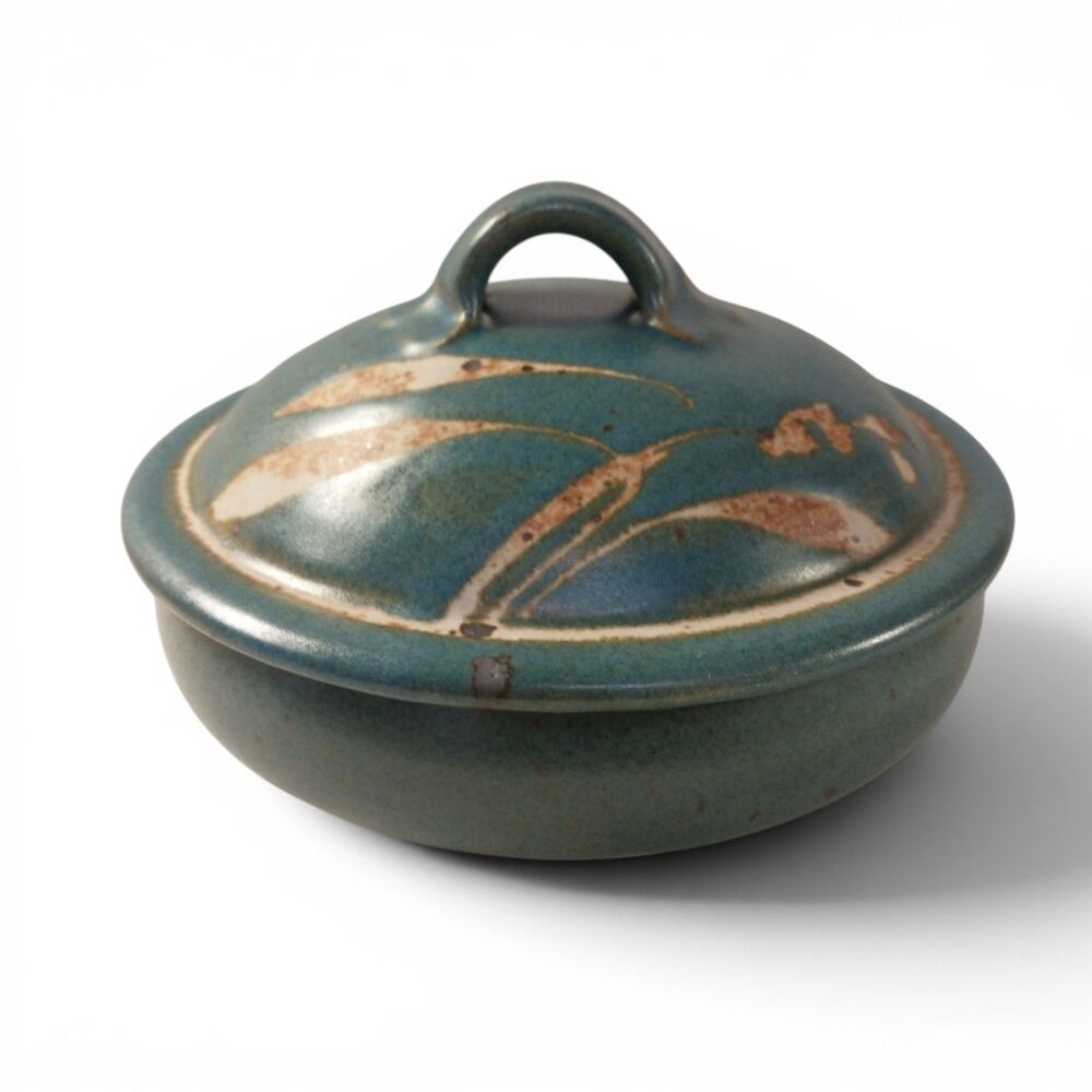 Signed Studio Pottery Covered Dish Bowl Turquoise Glaze Handcrafted 8 Inch